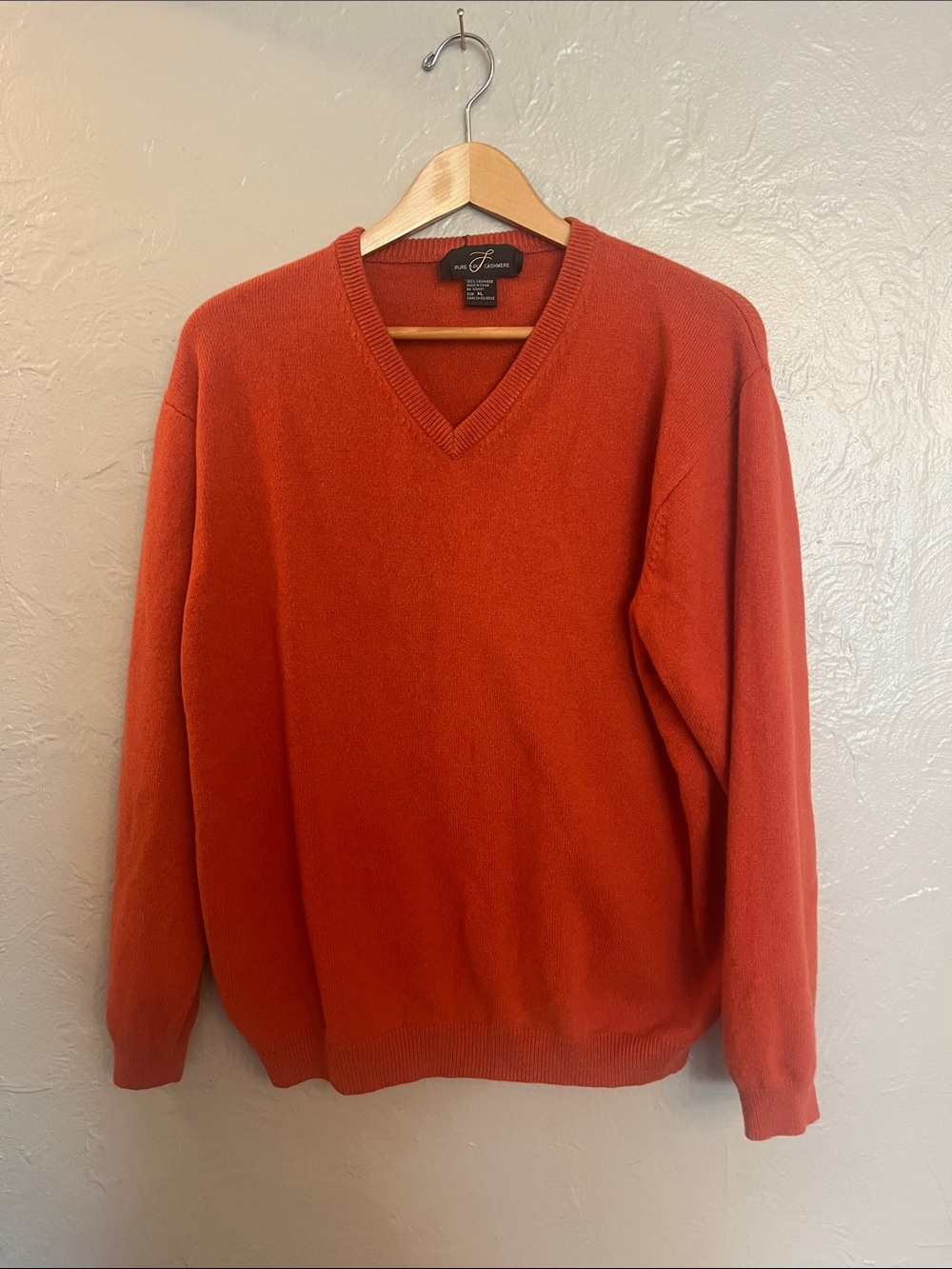 Simply Cashmere Men's V-Neck 100% Cashmere Rust Orange Sweater XL